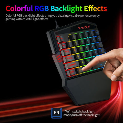 T-WOLF T19 Wired One-handed Gaming Keyboard 35 Key Colorful RGB Backlight Ergonomic Design Keyboard for Android/Windows/IOS