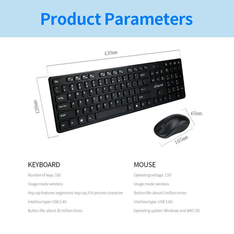 uFound R-752 Mouse and Keyboard Combo 106 keys 2.4G Transmission Keyboard + Wireless Mouse 1200DPI for Business Office Black