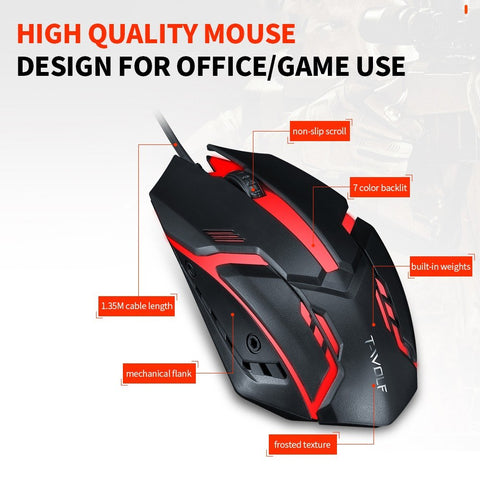 T-WOLF V1 Wired Gaming Mouse 3 Button 7 Colorful Backlight 1200 DPI Office Mouse Built-in Weights for Laptop/PC