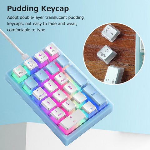 iBlancod K10 21 Keys Wired Mechanical Numeric Keyboard RGB Backlight Effect Mechanical Yellow Switches Pudding Keycaps Blue