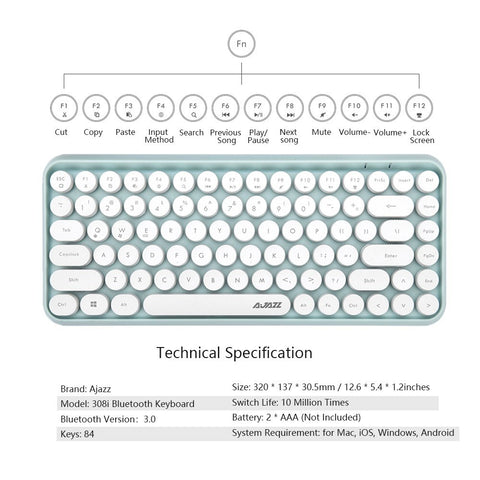 Ajazz 308i Bluetooth Keyboard Round Key Cap 10m Bluetooth Connection 84 Keys for Windows 2000, Windows XP, Windows ME, Windows VISTA, Windows 7/8/10 Green