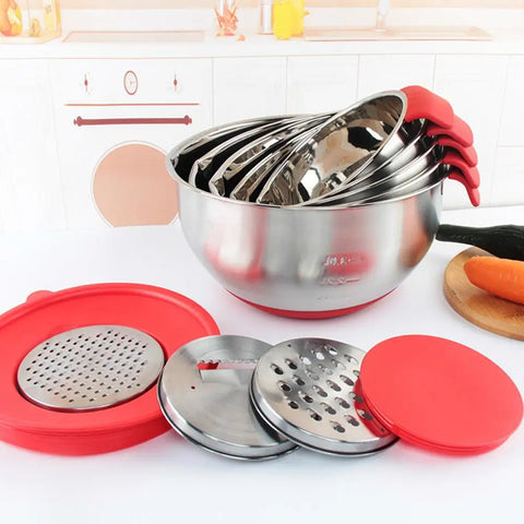 Stainless Steel Egg Bowl Salad Bowl Non-Slip Silicone Bottom Handle Scale With Lid Baking Supplies