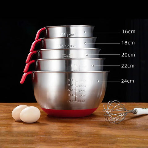 Stainless Steel Egg Bowl Salad Bowl Non-Slip Silicone Bottom Handle Scale With Lid Baking Supplies