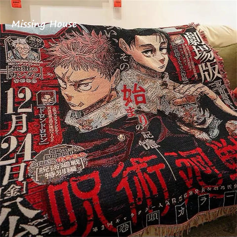 Jujutsu Kaisen Anime Throw Towel Woven Blanket Tapestry Bedspread Outdoor Camp Beach Towels Sofa Chair Cover Mat Rug Tassel