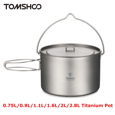 TOMSHOO Camping Cookware Titanium Pot 0.75L/0.9L/1.1L/1.6L/2L/2.8L Ultralight Hanging Pot w Lid Foldable Handle Outdoor Cooking