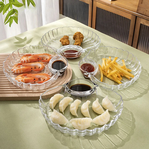 Glass Dumpling Plate with Vinegar Plate, Fat Reducing and Dining Plate, Household Fan-shaped Shell Dumpling Plate, Dipping Plate