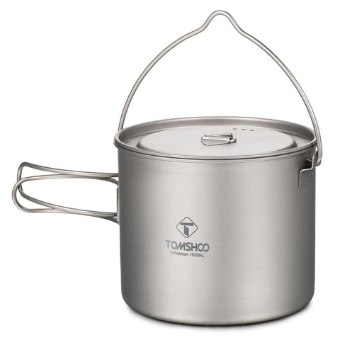 TOMSHOO Camping Cookware Titanium Pot 0.75L/0.9L/1.1L/1.6L/2L/2.8L Ultralight Hanging Pot w Lid Foldable Handle Outdoor Cooking