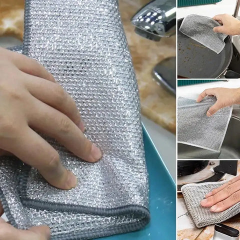 Silver Dishes Cleaning Cloth Multipurpose Strong Absorbent Wire Dish Towels Cleaning Rags Dishwashing Cloths  For House Kitchen