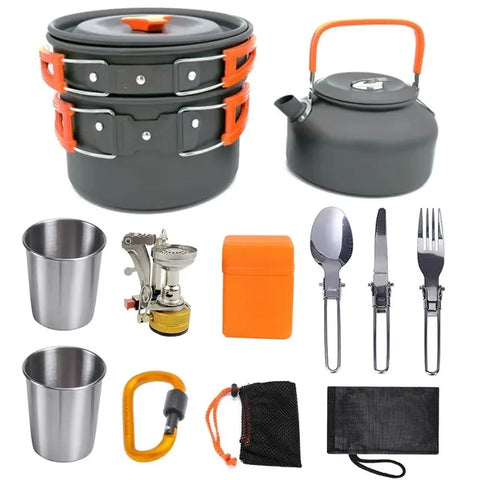 Aluminum Outdoor Camping Cookware Set with Mesh Bag Folding Cookset Camping Kitchen Cooking Teapot and Pans Equipment