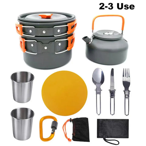 Aluminum Outdoor Camping Cookware Set with Mesh Bag Folding Cookset Camping Kitchen Cooking Teapot and Pans Equipment