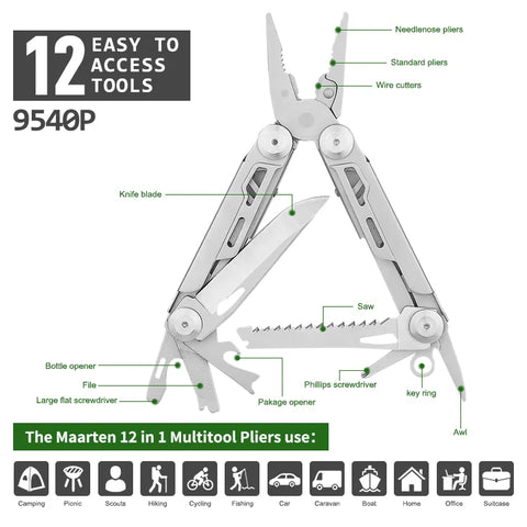 Multitool, 12-in-1 Multitools Pliers with Professional Multi-tool for Survival, Camping and Hunting, Gifts for Men Dad Hus band