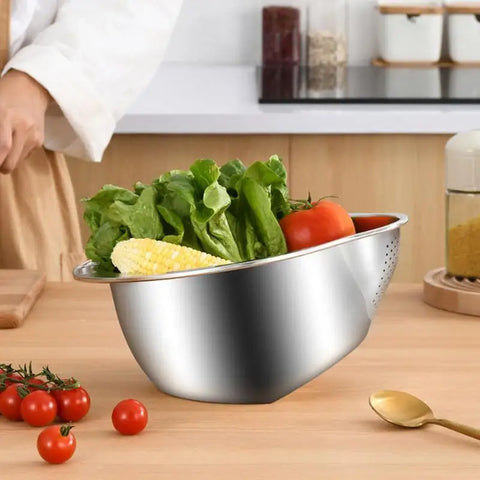 Rice Washing Bowl 304 Stainless Steel Vegetable Strainer Inclined Mouth Large Thicken Rice Rinsing BowlFruit Washer For Soybean