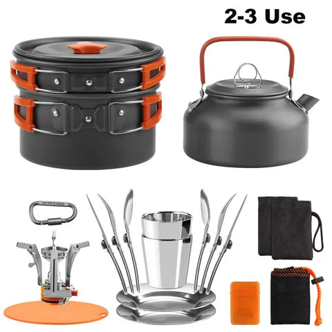 Aluminum Outdoor Camping Cookware Set with Mesh Bag Folding Cookset Camping Kitchen Cooking Teapot and Pans Equipment