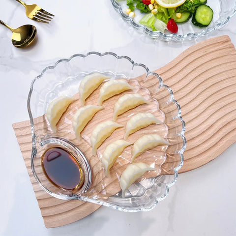 Glass Dumpling Plate with Vinegar Plate, Fat Reducing and Dining Plate, Household Fan-shaped Shell Dumpling Plate, Dipping Plate