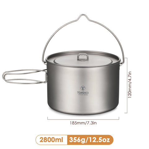 TOMSHOO Camping Cookware Titanium Pot 0.75L/0.9L/1.1L/1.6L/2L/2.8L Ultralight Hanging Pot w Lid Foldable Handle Outdoor Cooking