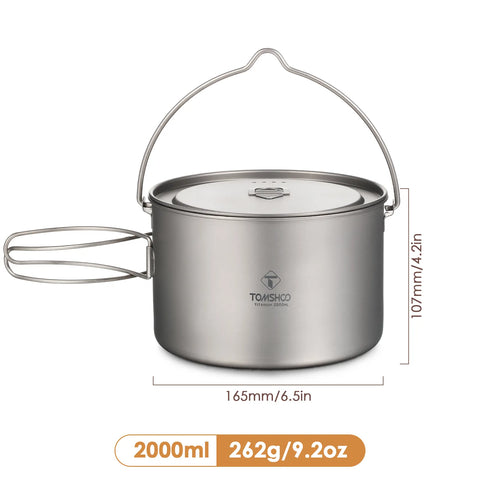 TOMSHOO Camping Cookware Titanium Pot 0.75L/0.9L/1.1L/1.6L/2L/2.8L Ultralight Hanging Pot w Lid Foldable Handle Outdoor Cooking