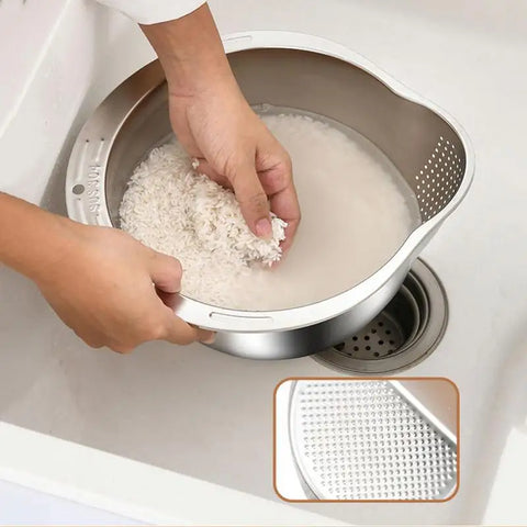 Stainless Steel Rice Washer Strainer Bowl Multifunctional Rice Panning Strainer Basket Sink Drain Thicken Large Rice Washer Bowl