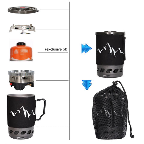 Outdoor Camping Cookware Alumina Pot and Furnace Set Portable Saving Fuel Stoves Windproof 0.9L Scale Inside Pot GasStove Kit