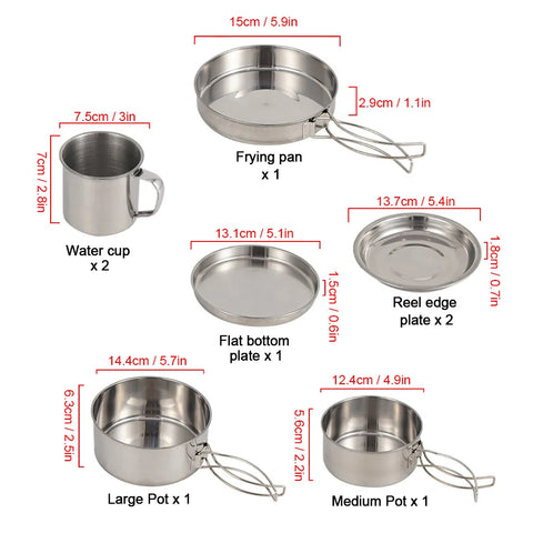 8PCS Camping Cookware Kit Portable Lightweight Stainless Steel Cooking Pot Pan Set with Plates Cups for Outdoor Picnic Hiking