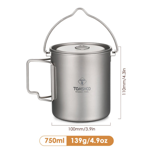 TOMSHOO Camping Cookware Titanium Pot 0.75L/0.9L/1.1L/1.6L/2L/2.8L Ultralight Hanging Pot w Lid Foldable Handle Outdoor Cooking