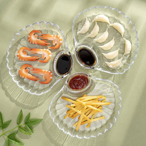 Glass Dumpling Plate with Vinegar Plate, Fat Reducing and Dining Plate, Household Fan-shaped Shell Dumpling Plate, Dipping Plate