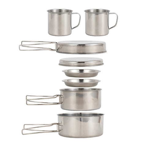 8PCS Camping Cookware Kit Portable Lightweight Stainless Steel Cooking Pot Pan Set with Plates Cups for Outdoor Picnic Hiking