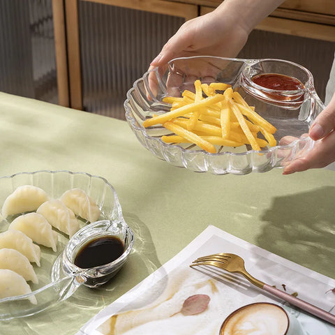 Glass Dumpling Plate with Vinegar Plate, Fat Reducing and Dining Plate, Household Fan-shaped Shell Dumpling Plate, Dipping Plate