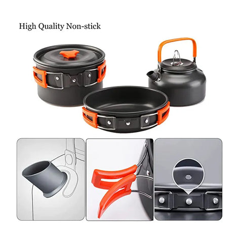 Aluminum Outdoor Camping Cookware Set with Mesh Bag Folding Cookset Camping Kitchen Cooking Teapot and Pans Equipment