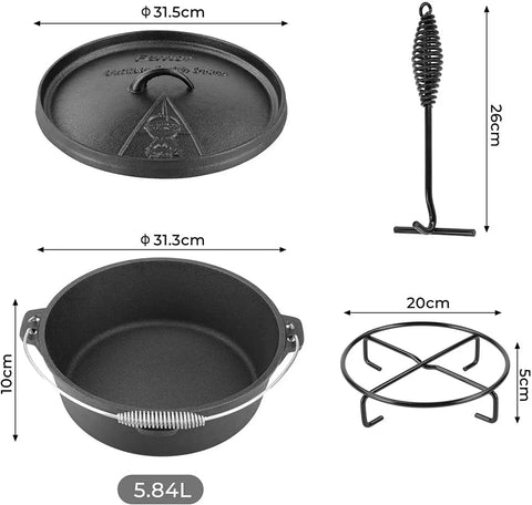 Femor Dutch Oven Cast Iron 5,8L Dutch Oven Cast Iron Camping Cookware Casserole For Outdoor Camping Barbecue