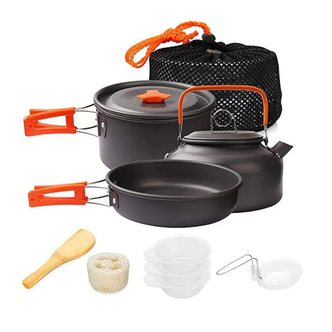 Aluminum Outdoor Camping Cookware Set with Mesh Bag Folding Cookset Camping Kitchen Cooking Teapot and Pans Equipment