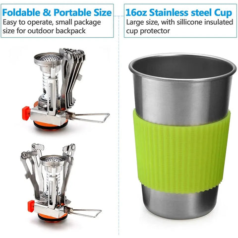 Portable Camping Cookware Set Outdoor Pot Mini Gas Stove Sets Nature Hike Picnic Cooking Set With Foldable Spoon Fork Knife