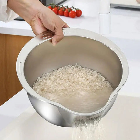 Stainless Steel Rice Washer Strainer Bowl Multifunctional Rice Panning Strainer Basket Sink Drain Thicken Large Rice Washer Bowl