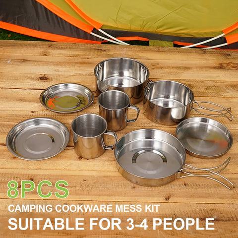 8PCS Camping Cookware Kit Portable Lightweight Stainless Steel Cooking Pot Pan Set with Plates Cups for Outdoor Picnic Hiking