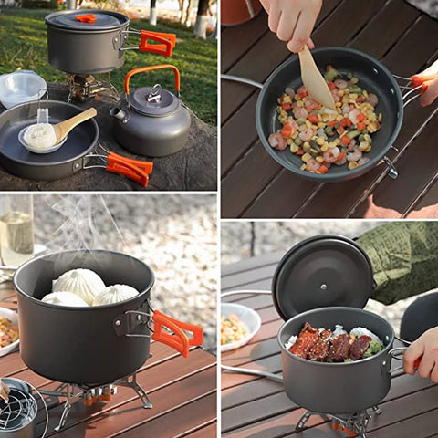 Aluminum Outdoor Camping Cookware Set with Mesh Bag Folding Cookset Camping Kitchen Cooking Teapot and Pans Equipment