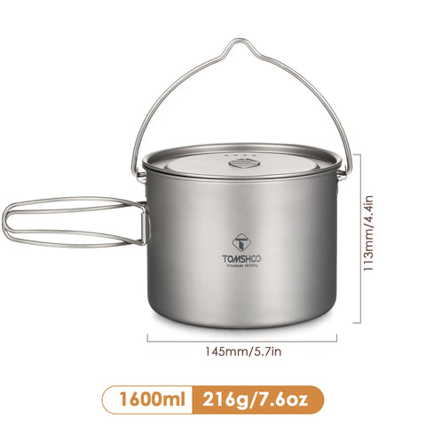 TOMSHOO Camping Cookware Titanium Pot 0.75L/0.9L/1.1L/1.6L/2L/2.8L Ultralight Hanging Pot w Lid Foldable Handle Outdoor Cooking